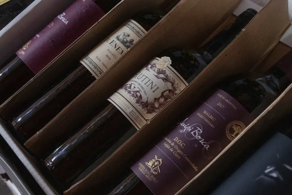 A selection of fine Argentinian wines in a box featuring various labels and vintages, perfect for wine enthusiasts.