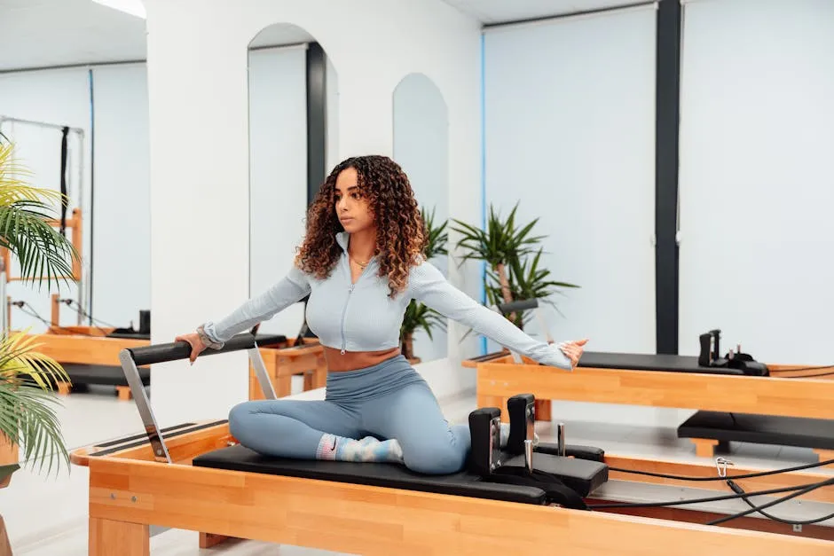 Fit Woman Stretching on Pilates Reformer