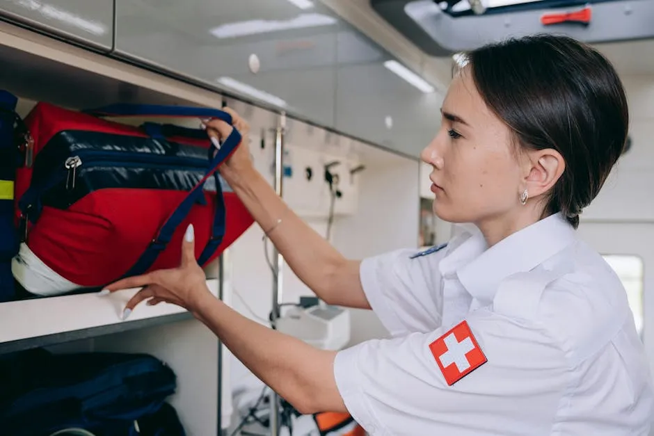 Paramedic Packing a Medical Bag Onto a Shelf in an Ambulance