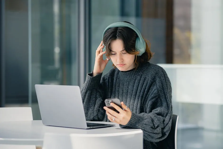 Focused young woman with headphones using laptop and smartphone in a modern cafe.