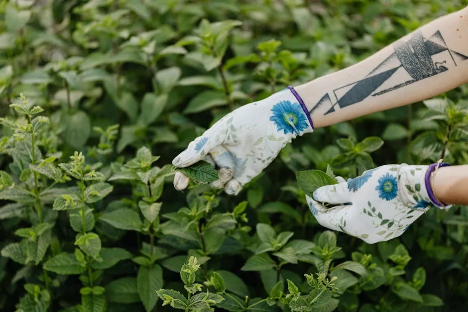 Person Wearing Floral Gardening Gloves Holding Green Leaves 