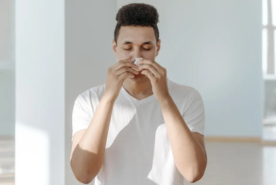 Sick Man in White Shirt Wiping His Nose with Tissue